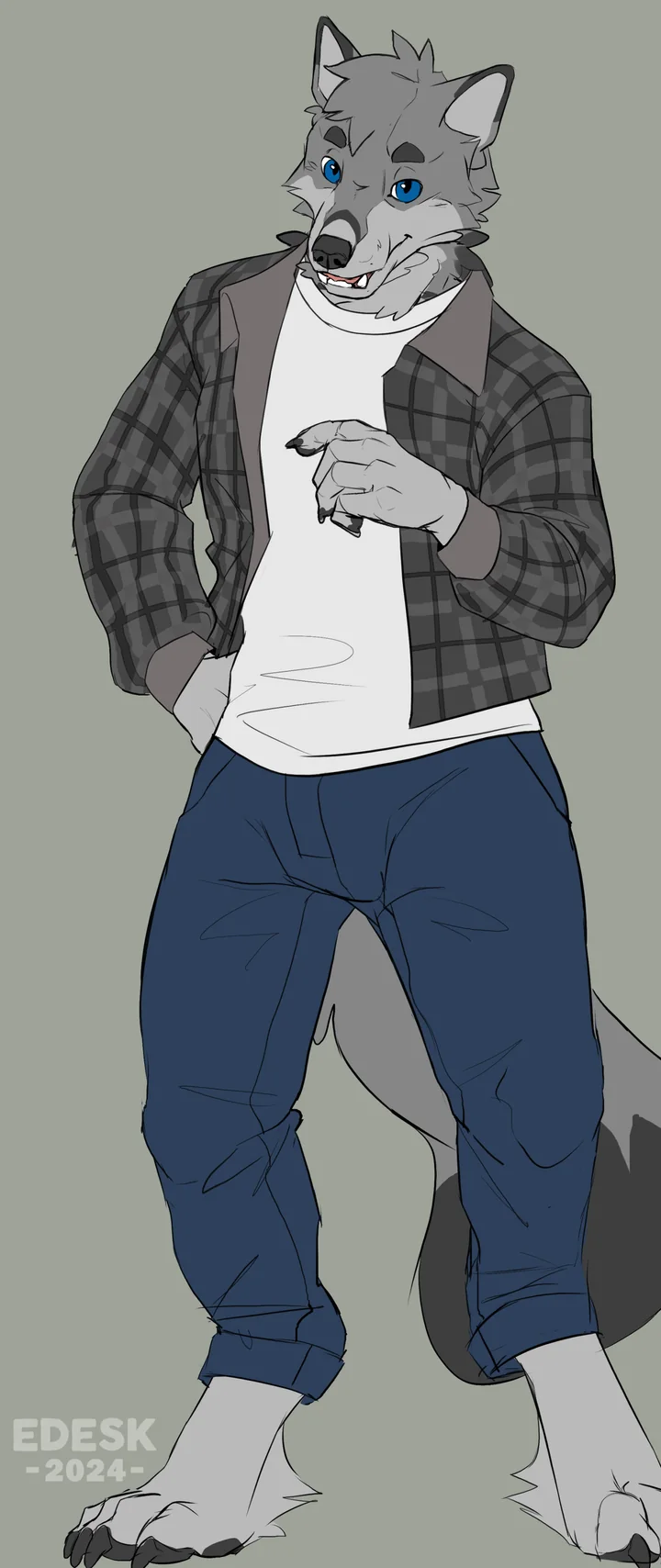 Hunter standing in a plaid flannel over a white tee and rolled-up jeans, one hand in his pocket.