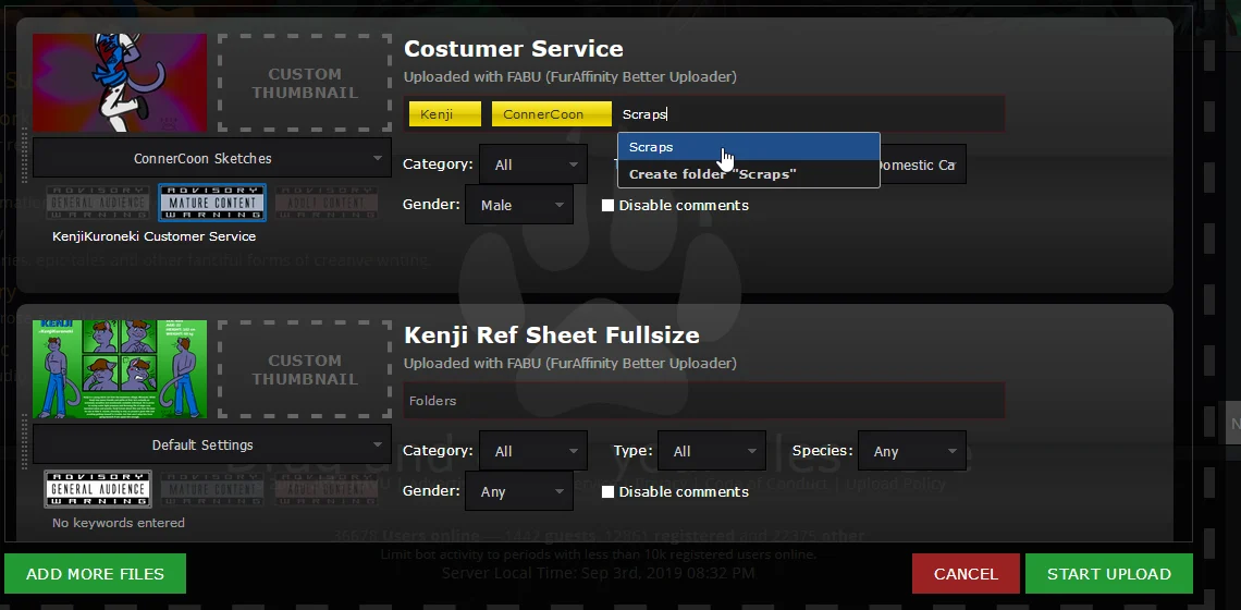Two files in FABUI's uploader, each with its title, tags, folder, category and gender fields, and a folder menu open.