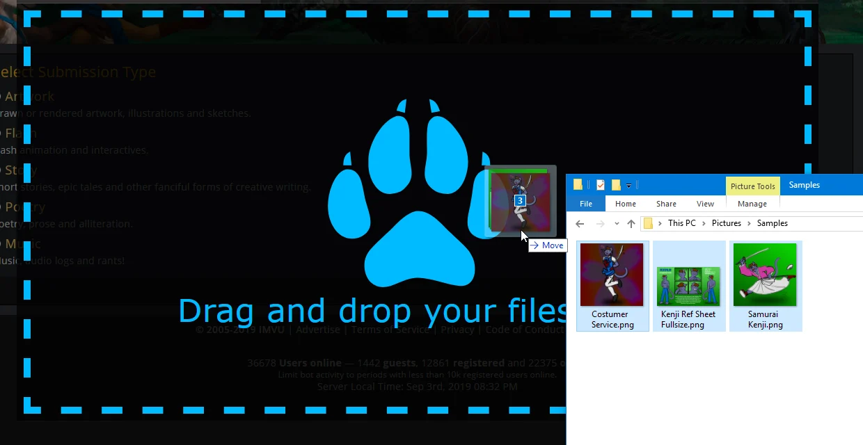 FurAffinity's upload page with FABUI's drop zone, as image files are dragged onto it from a folder.