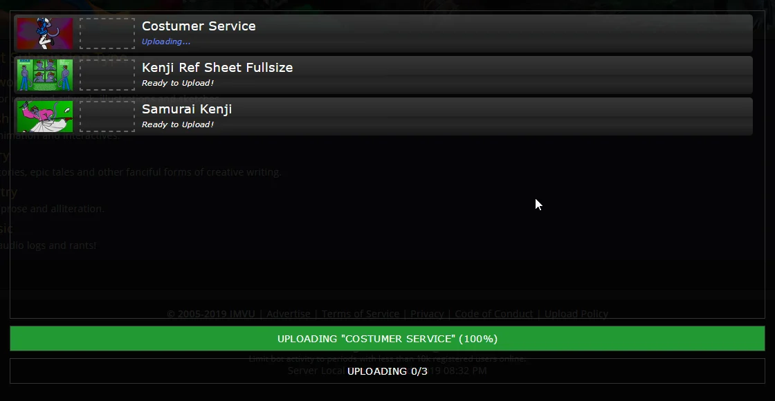 FABUI's upload queue with three files, the first one uploading and a progress bar underneath.