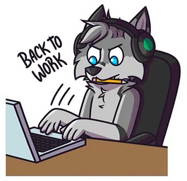 Hunter typing on a laptop with a headset on: “Back to work”